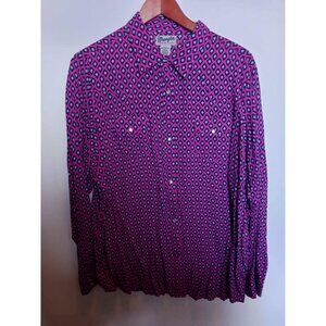 Wrangler Womens Pink & Blue Diamond Print Western Shirt 3XL Rayon Collared Butto